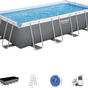 Bestway Power Steel 18′ x 9′ x 48″ Rectangular Metal Frame Above Ground Outdoor Swimming Pool Set with 1,500 GPH Filter Pump, Ladder, and Pool Cover
