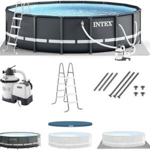 Intex Ultra XTR Frame 14′ x 42″ Round Above Ground Outdoor Swimming Pool Set with Sand Filter Pump, Ladder, Ground Cloth, and Pool Cover